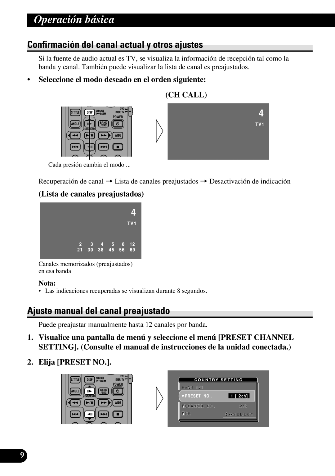 Pioneer GEX-6100TV owner manual Confirmación del canal actual y otros ajustes, Ajuste manual del canal preajustado 