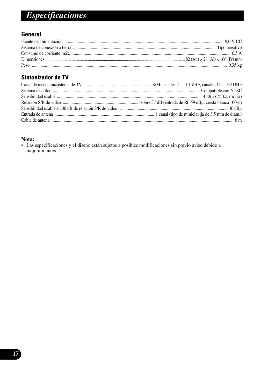 Pioneer GEX-6100TV owner manual Especificaciones, Sintonizador de TV 