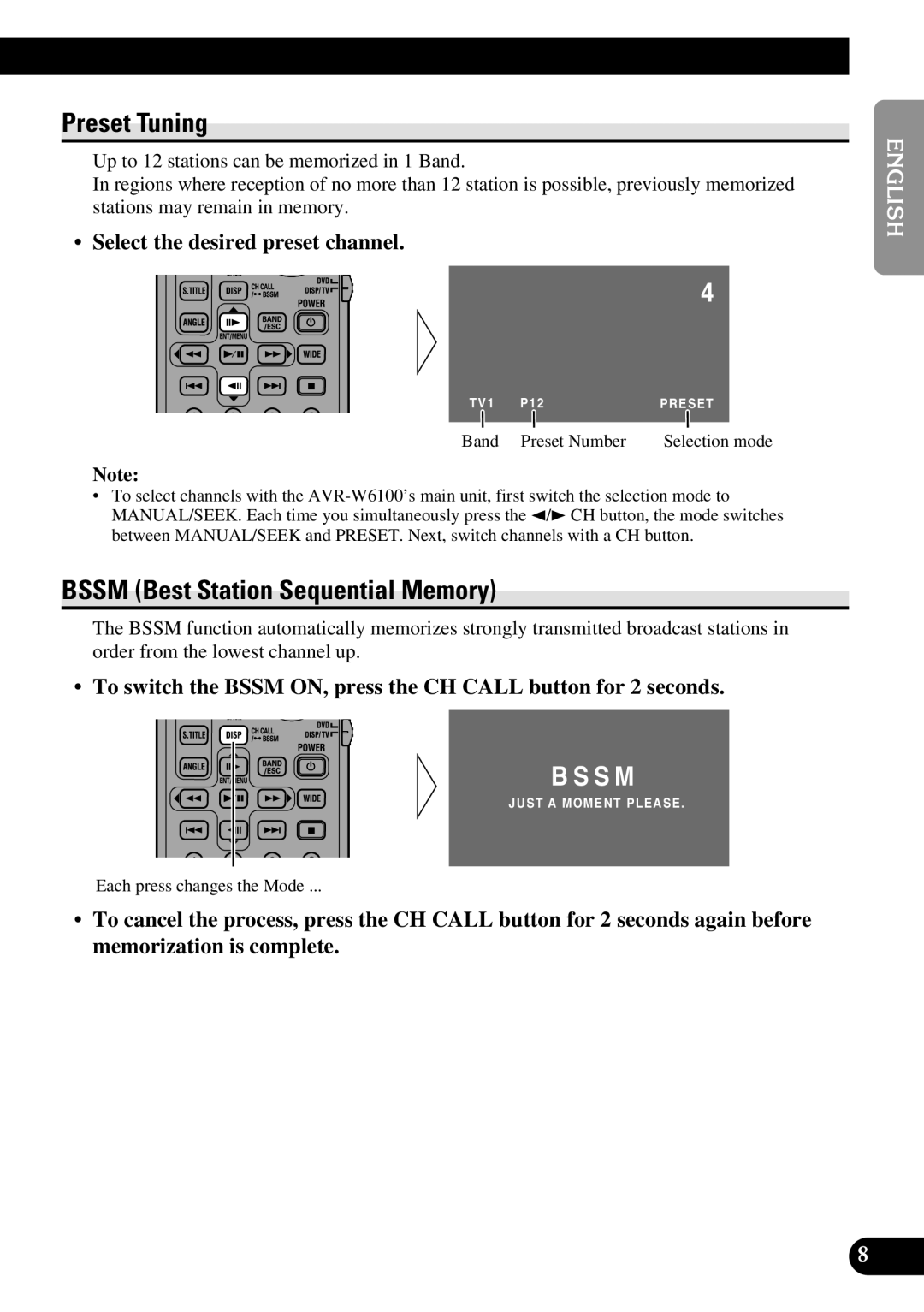 Pioneer GEX-6100TV owner manual Preset Tuning, Bssm Best Station Sequential Memory, Select the desired preset channel 