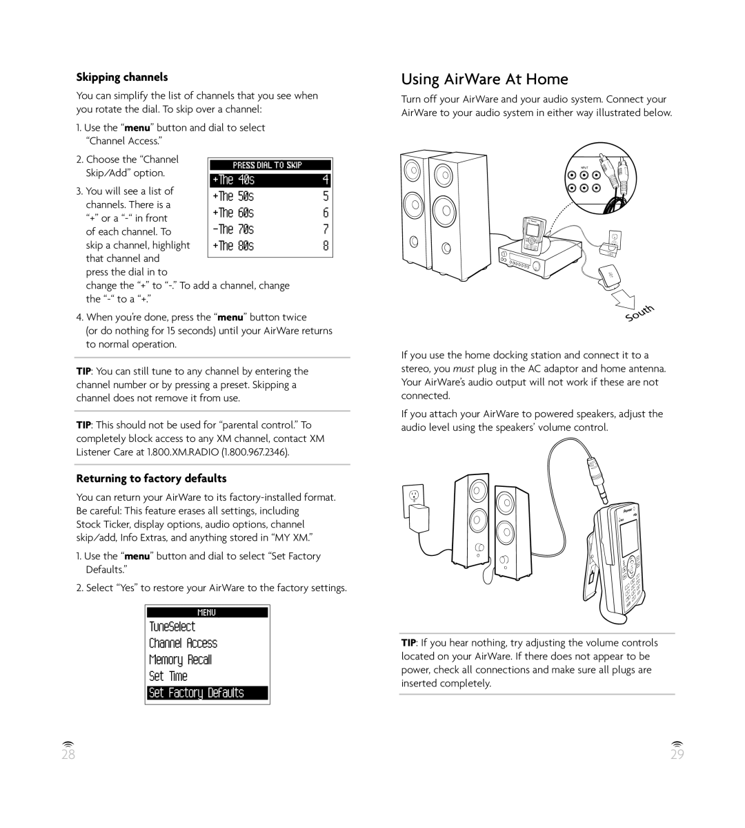 Pioneer GEX-AIRWARE1 manual Using AirWare At Home, Skipping channels, Returning to factory defaults, + or a in front 