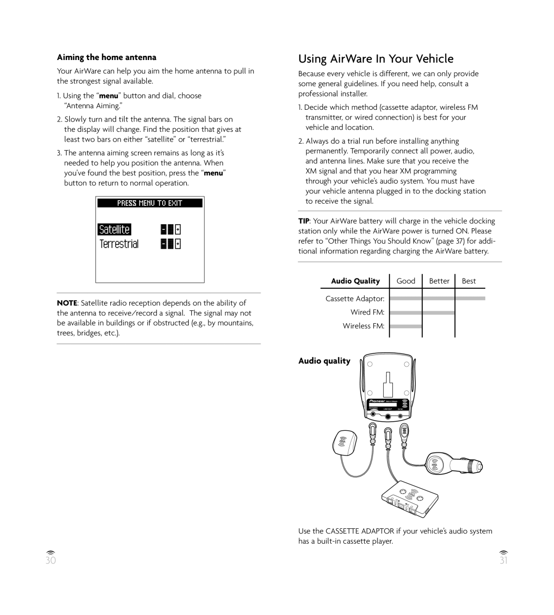 Pioneer GEX-AIRWARE1 Using AirWare In Your Vehicle, Aiming the home antenna, Audio quality, Audio Quality Good Better Best 