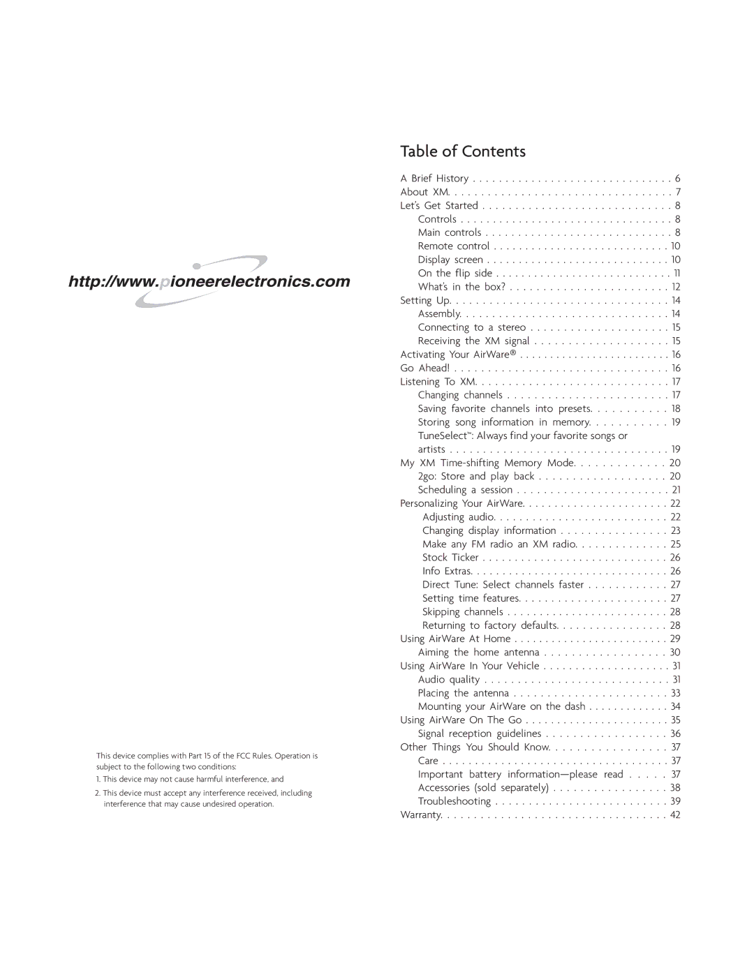 Pioneer GEX-AIRWARE1 manual Table of Contents 