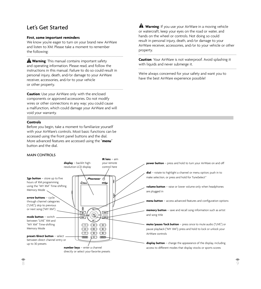 Pioneer GEX-AIRWARE1 manual Let’s Get Started, First, some important reminders, Main Controls 