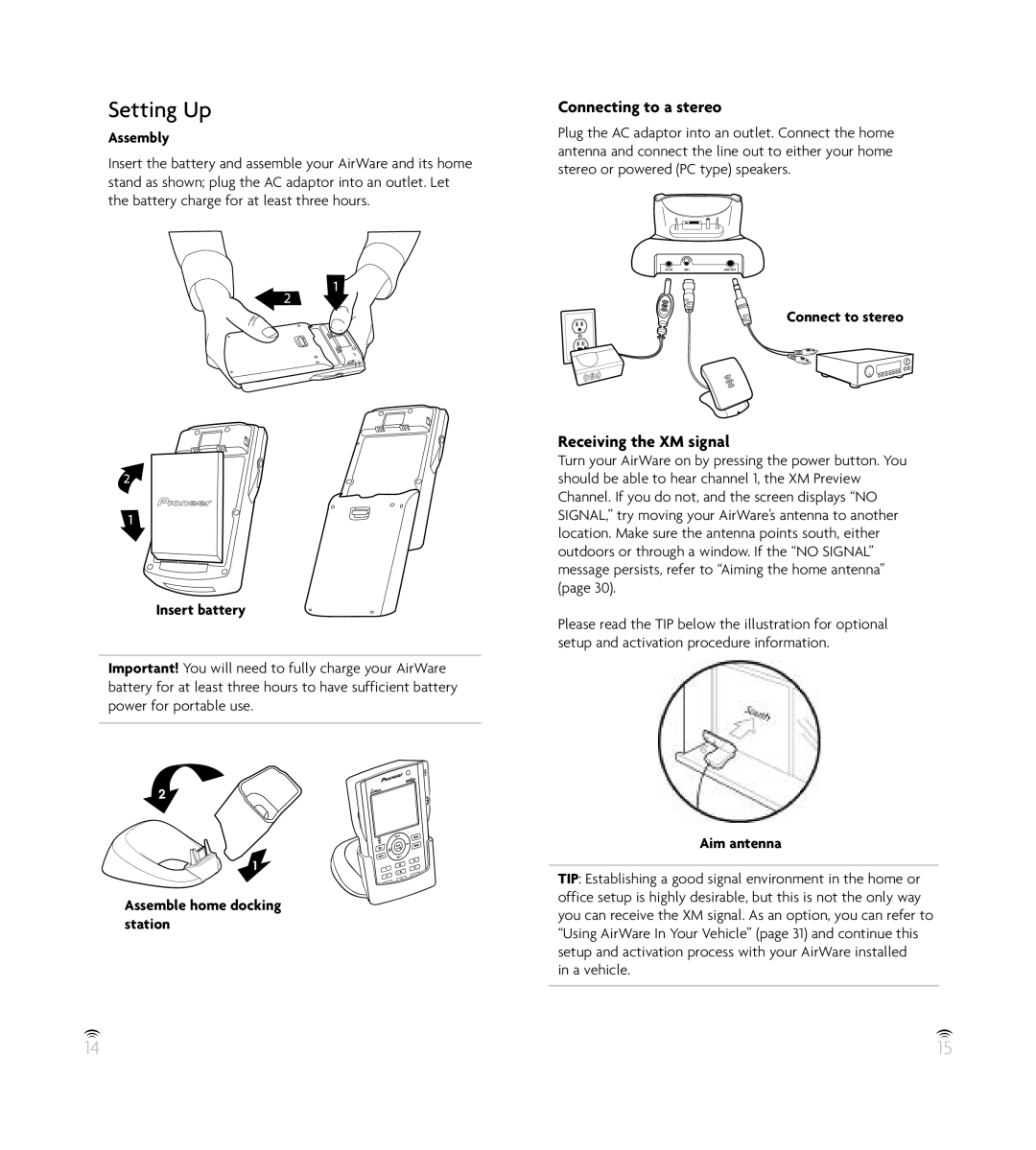 Pioneer GEX-AIRWARE1 manual Setting Up, Connecting to a stereo, Receiving the XM signal 