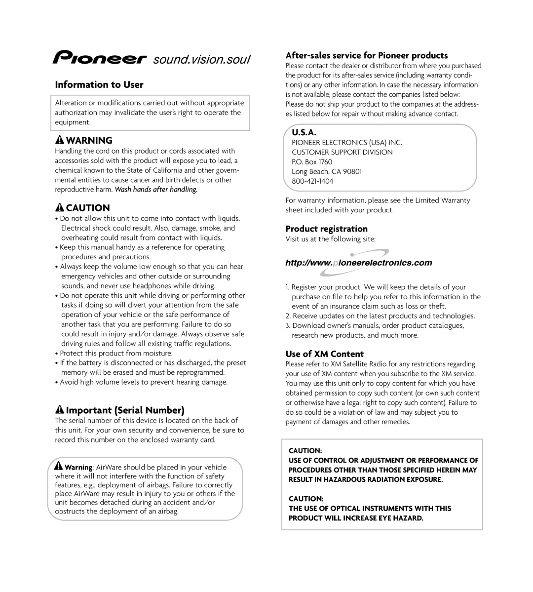 Pioneer GEX-AIRWARE1 manual Information to User, Important Serial Number, After-salesservice for Pioneer products, U.S.A 