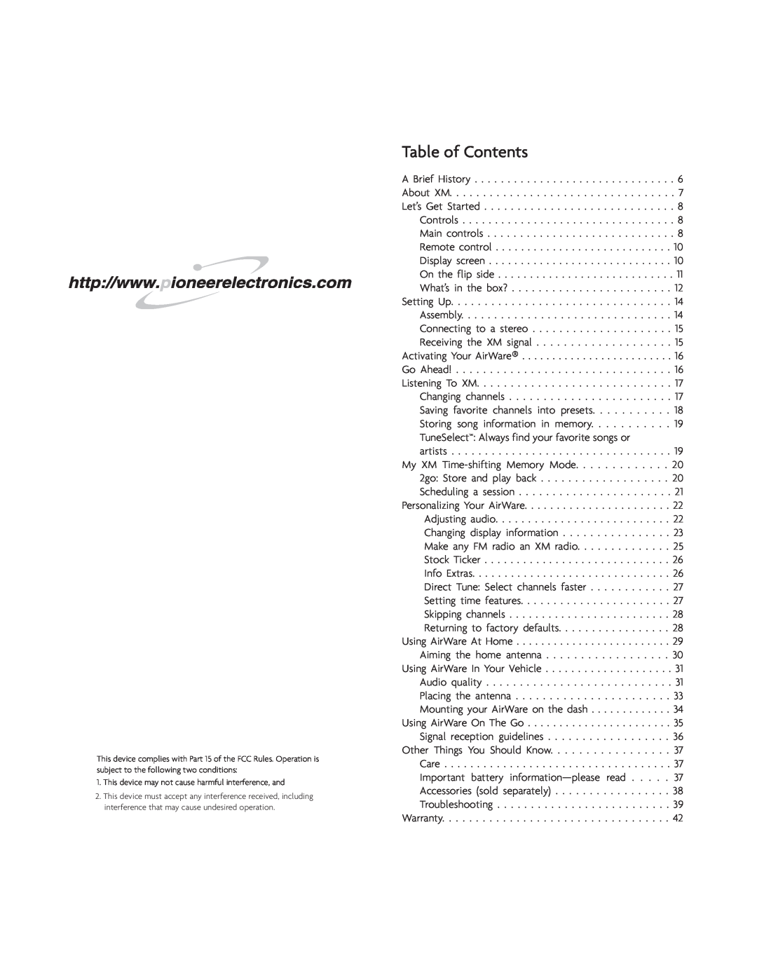 Pioneer GEX-AIRWARE1 manual Table of Contents 