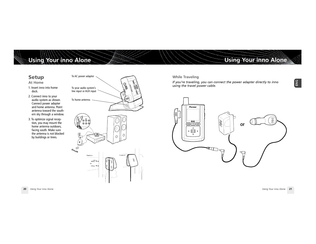 Pioneer GEX-INN02B manual Using Your inno Alone, Setup, At Home, While Traveling, Insert inno into home dock 