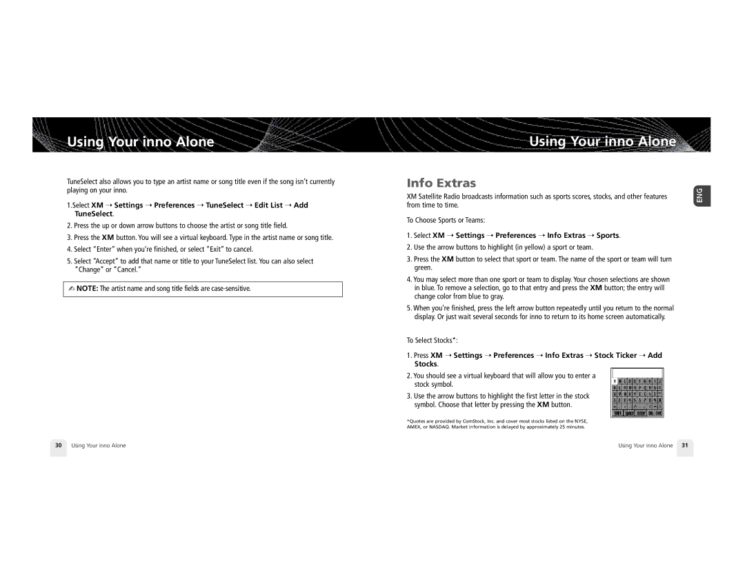 Pioneer GEX-INN02B manual Info Extras, Select XM Settings Preferences TuneSelect Edit List Add, To Select Stocks 