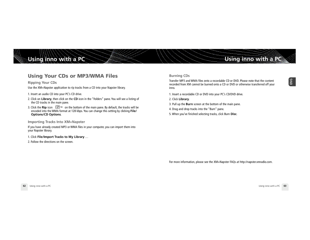 Pioneer GEX-INN02B manual Using Your CDs or MP3/WMA Files, Ripping Your CDs, Importing Tracks Into XM+Napster, Burning CDs 