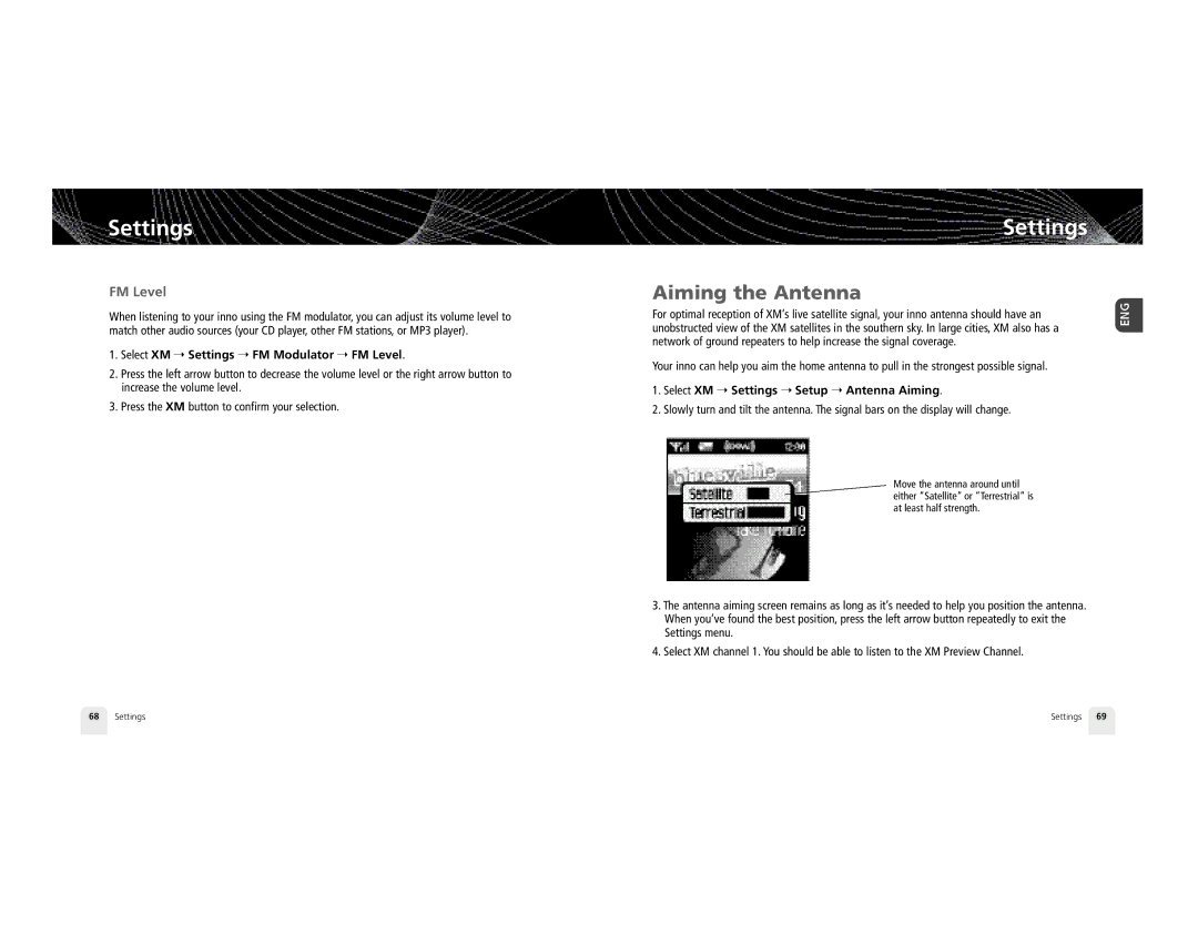 Pioneer GEX-INN02B manual Aiming the Antenna, Select XM Settings FM Modulator FM Level 