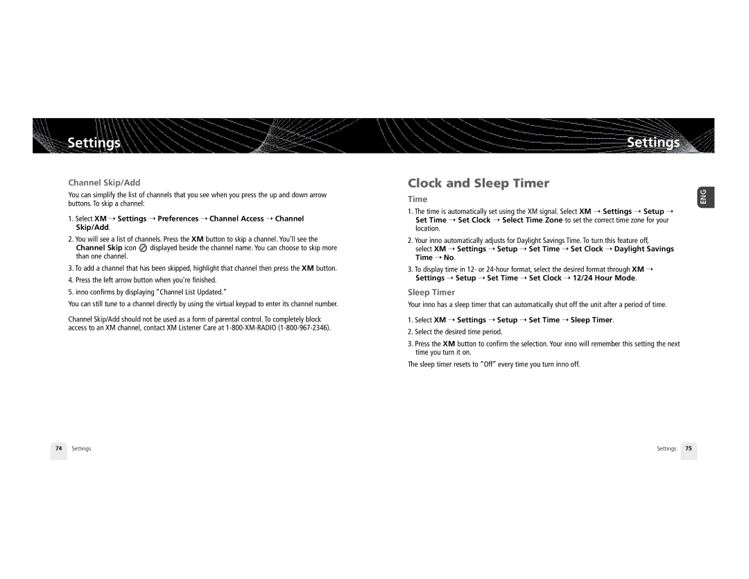 Pioneer GEX-INN02B manual Clock and Sleep Timer, Channel Skip/Add, Select XM Settings Setup Set Time Sleep Timer 