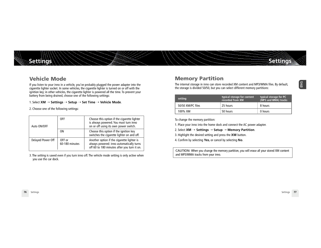 Pioneer GEX-INN02B manual Memory Partition, Select XM Settings Setup Set Time Vehicle Mode 