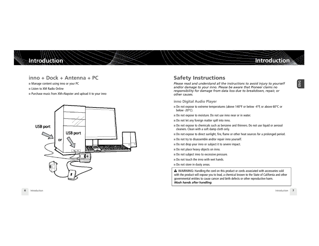 Pioneer GEX-INN02B manual Inno + Dock + Antenna + PC, Safety Instructions, Inno Digital Audio Player 