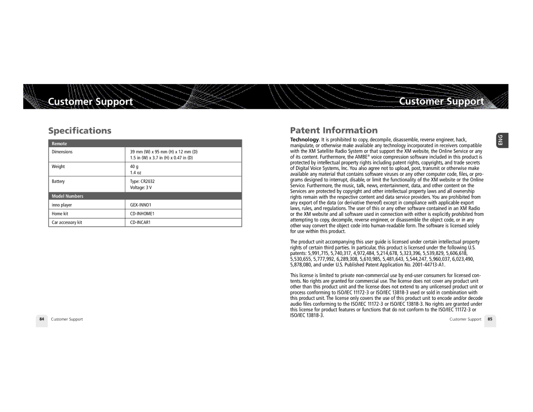 Pioneer GEX-INN02B manual Patent Information, Remote 