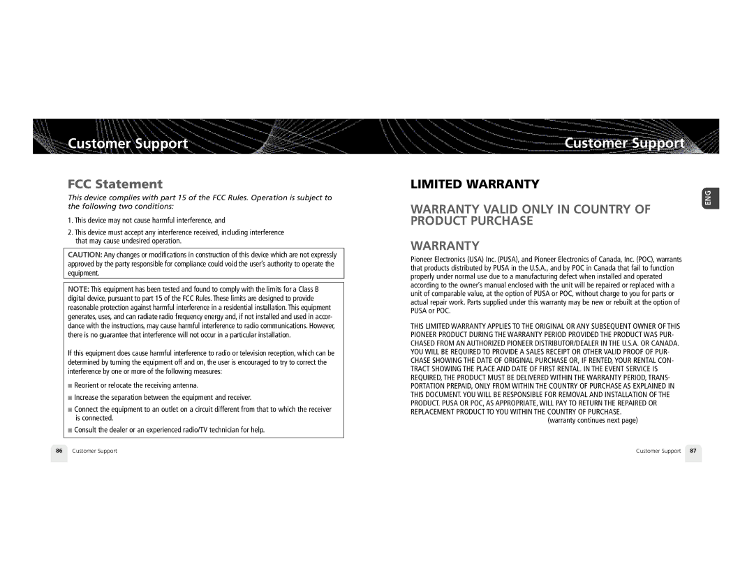 Pioneer GEX-INN02B manual FCC Statement, Warranty continues next 