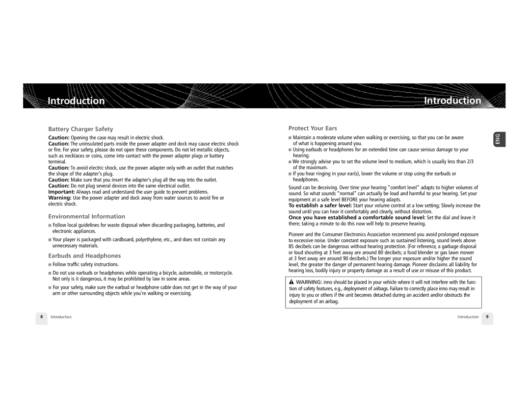 Pioneer GEX-INN02B manual Battery Charger Safety, Environmental Information, Earbuds and Headphones, Protect Your Ears 