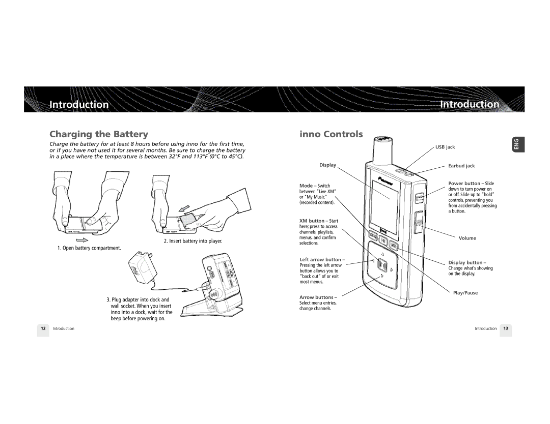 Pioneer GEX-INN02B manual Charging the Battery, Inno Controls, Insert battery into player Open battery compartment 