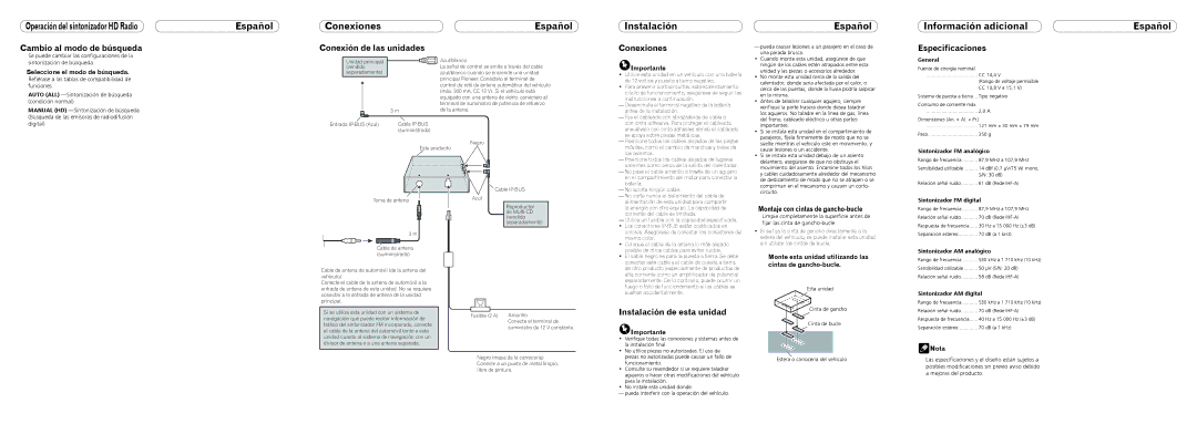 Pioneer GEX-P10HD owner manual Operación del sintonizador HD Radio Español Conexiones, Instalación, Información adicional 