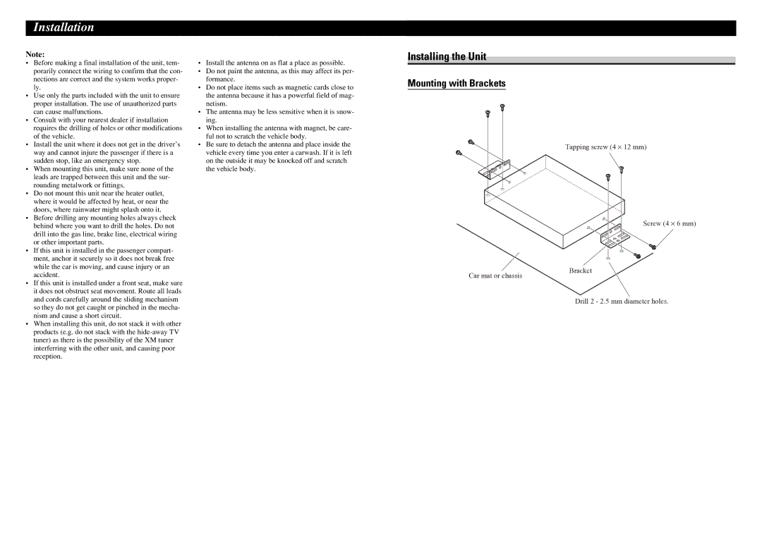 Pioneer GEX-P10XMT installation manual Installation, Installing the Unit, Mounting with Brackets 