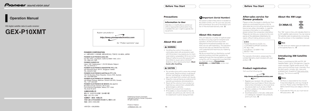 Pioneer GEX-P10XMT operation manual Before You Start Precautions, After-sales service for Pioneer products 