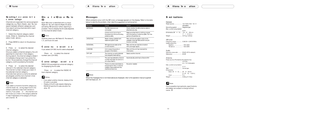 Pioneer GEX-P10XMT operation manual XM tuner Additional Information, Display the ID code Radio ID, Messages, Specifications 