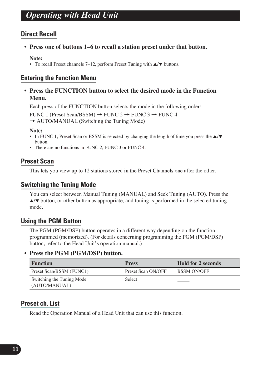 Pioneer GEX-P6400TV Direct Recall, Entering the Function Menu, Preset Scan, Switching the Tuning Mode, Preset ch. List 