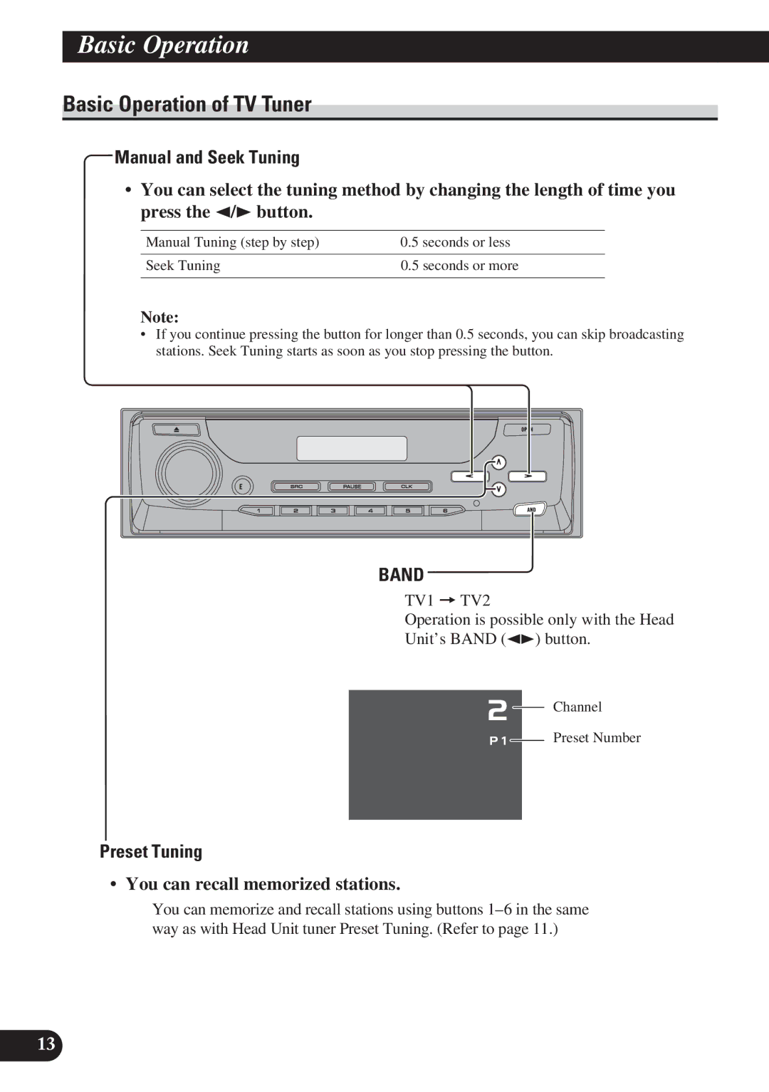 Pioneer GEX-P6400TV Basic Operation of TV Tuner, Manual and Seek Tuning, Preset Tuning, You can recall memorized stations 