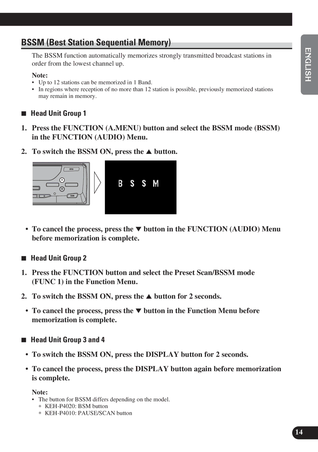 Pioneer GEX-P6400TV operation manual Bssm Best Station Sequential Memory, Head Unit Group 3 