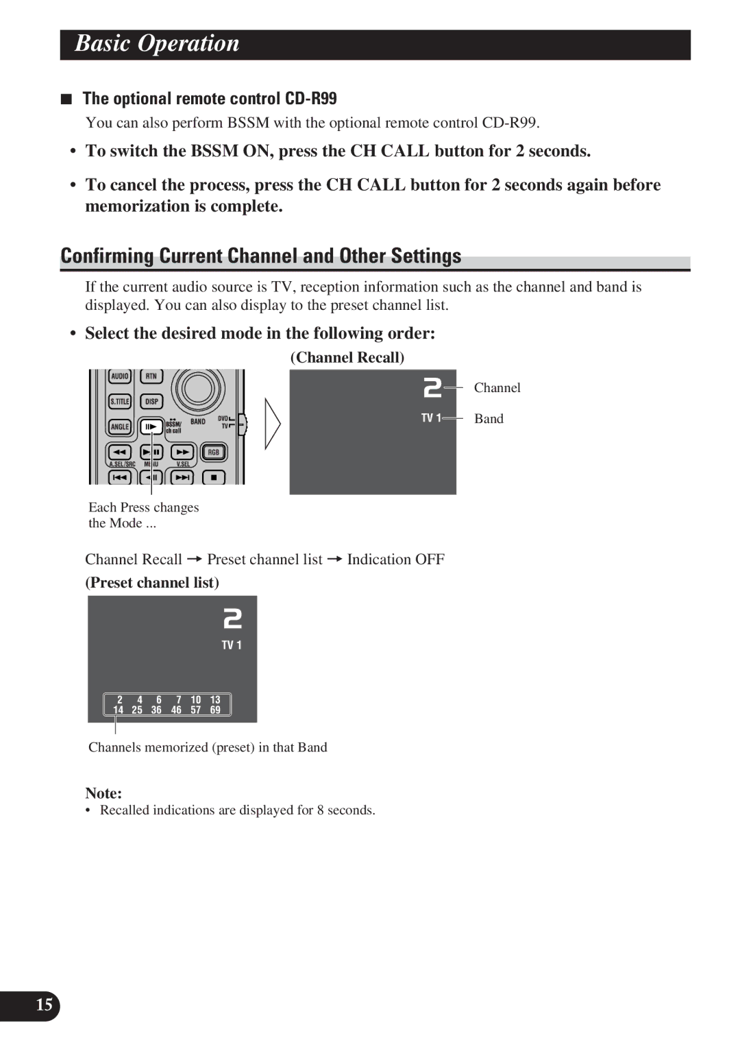 Pioneer GEX-P6400TV Confirming Current Channel and Other Settings, Optional remote control CD-R99, Channel Recall 