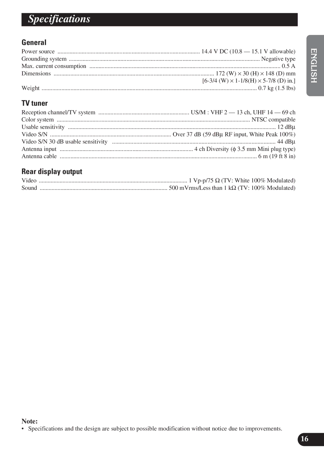 Pioneer GEX-P6400TV operation manual Specifications, General, TV tuner, Rear display output 