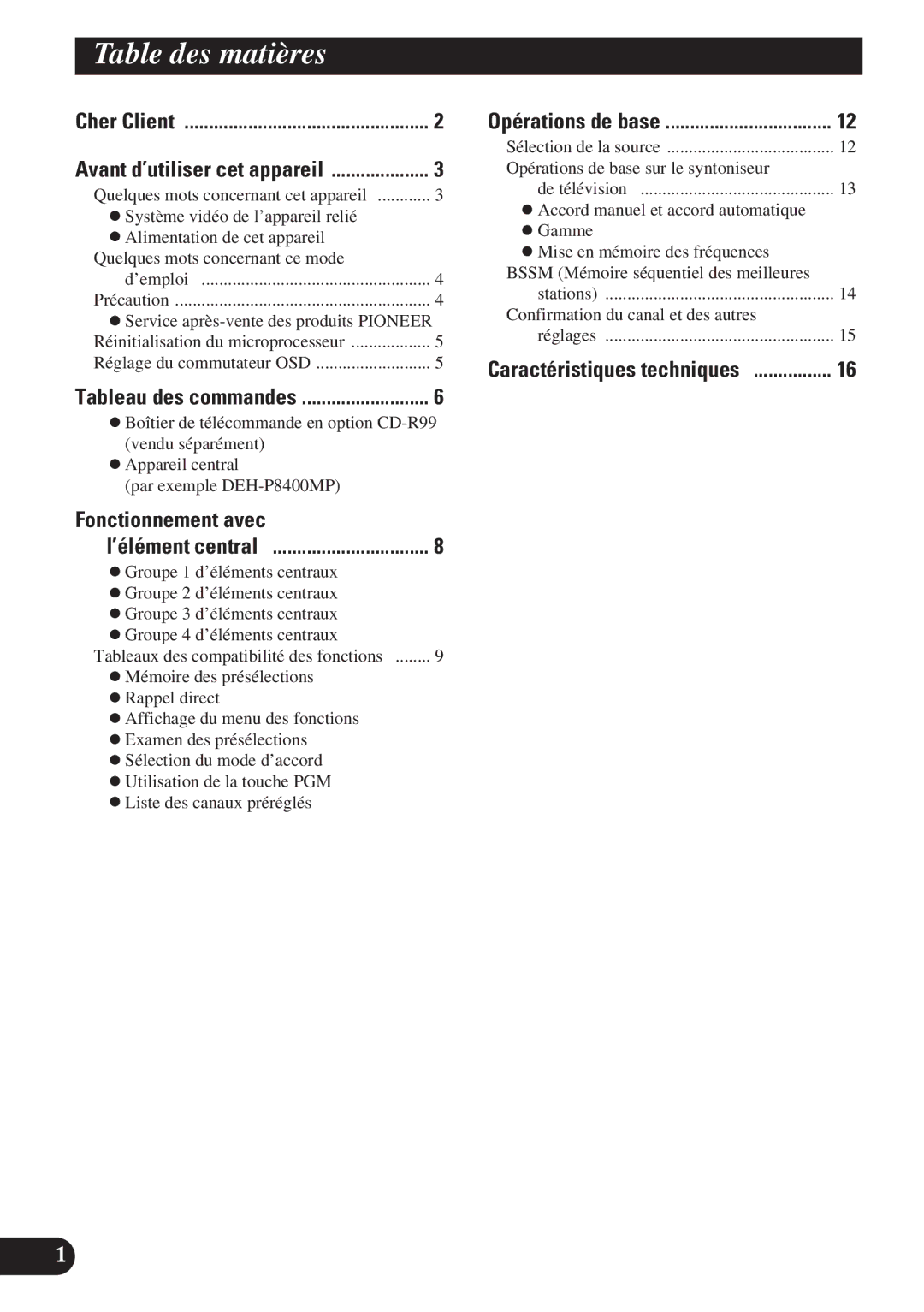 Pioneer GEX-P6400TV operation manual Table des matières, Fonctionnement avec 