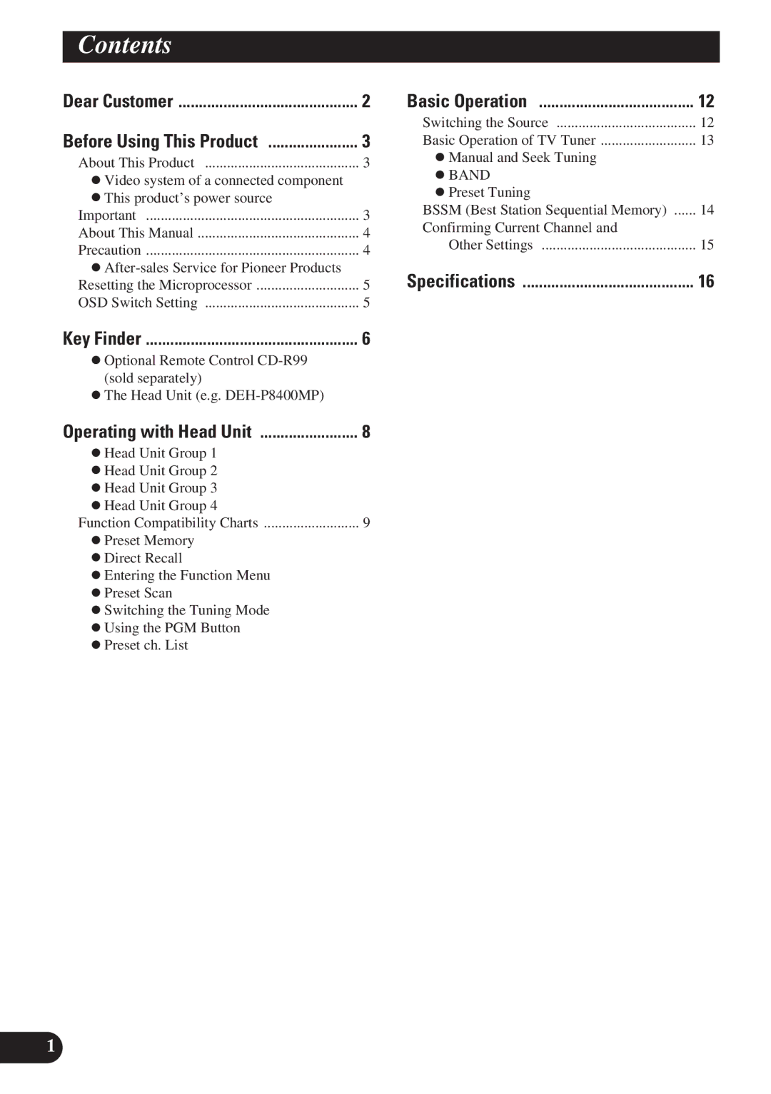 Pioneer GEX-P6400TV operation manual Contents 