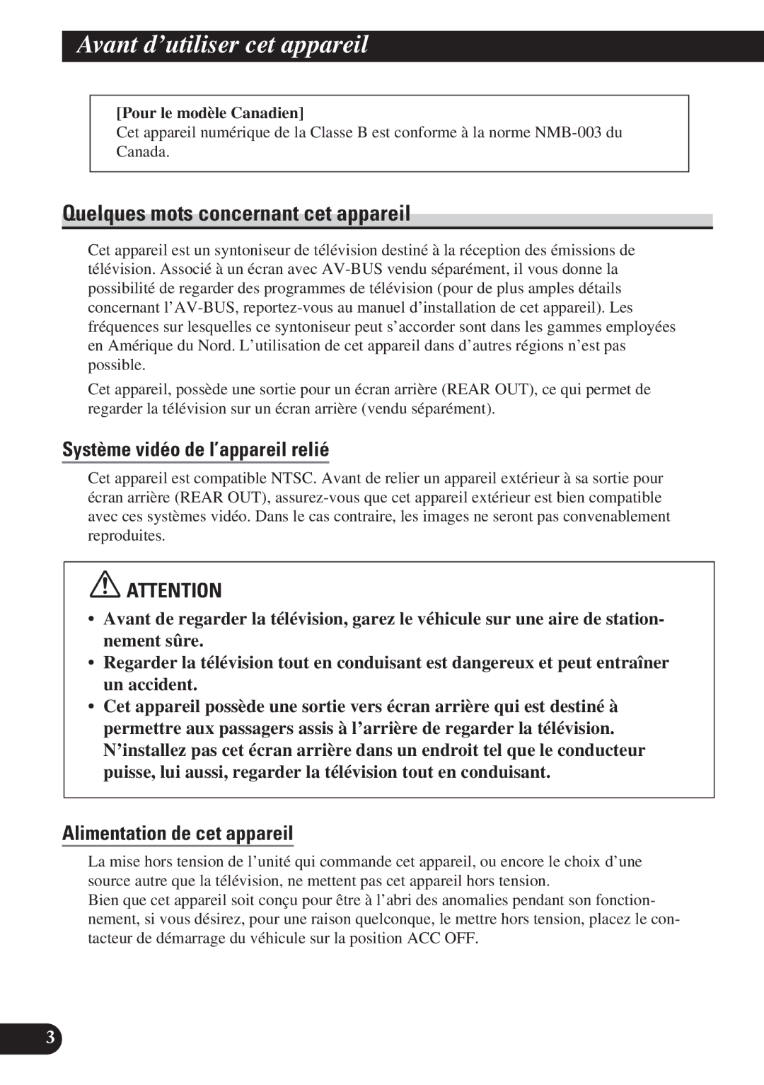 Pioneer GEX-P6400TV Avant d’utiliser cet appareil, Quelques mots concernant cet appareil, Alimentation de cet appareil 