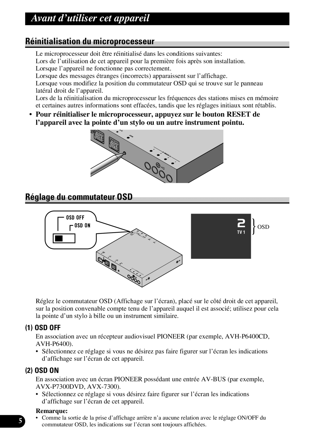 Pioneer GEX-P6400TV operation manual Réinitialisation du microprocesseur, Réglage du commutateur OSD, Remarque 