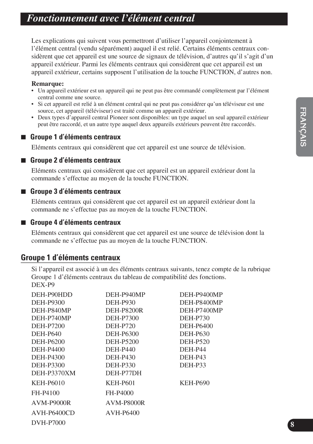 Pioneer GEX-P6400TV operation manual Fonctionnement avec l’élément central, Groupe 1 d’éléments centraux 