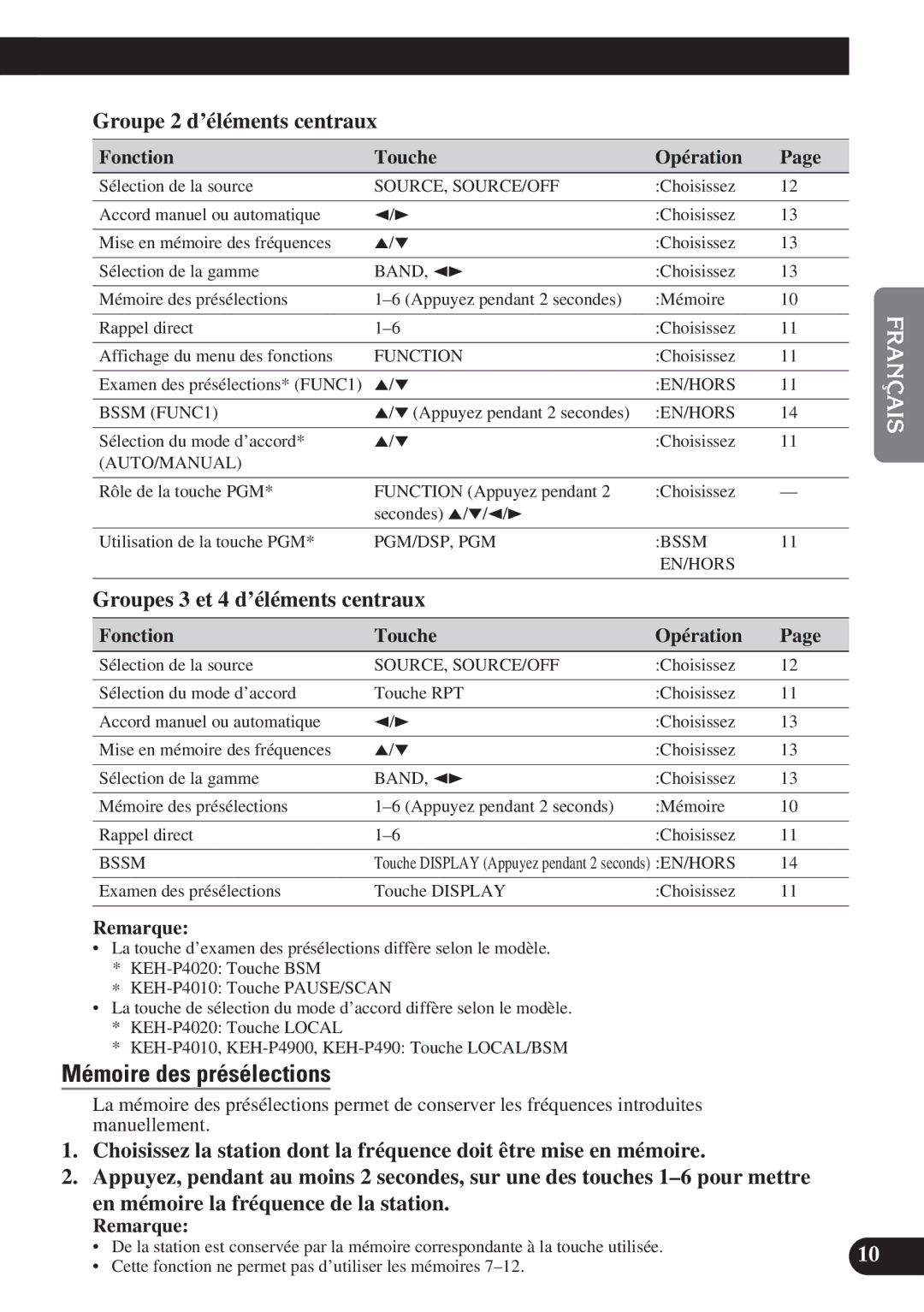 Pioneer GEX-P6400TV Mémoire des présélections, Groupe 2 d’éléments centraux, Groupes 3 et 4 d’éléments centraux 