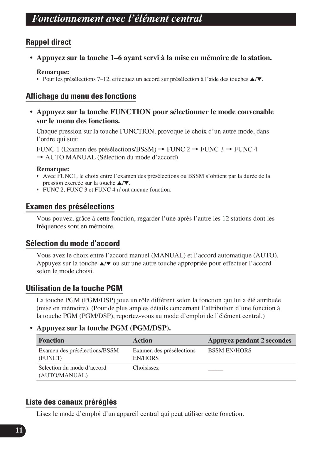 Pioneer GEX-P6400TV Rappel direct, Affichage du menu des fonctions, Examen des présélections, Sélection du mode d’accord 