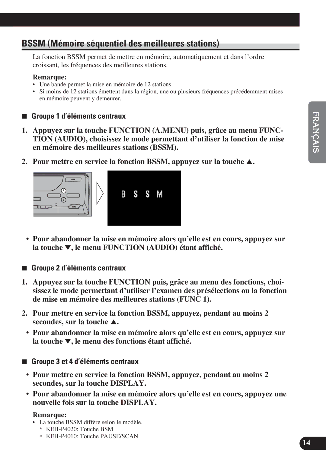 Pioneer GEX-P6400TV operation manual Bssm Mémoire séquentiel des meilleures stations, Groupe 3 et 4 d’éléments centraux 