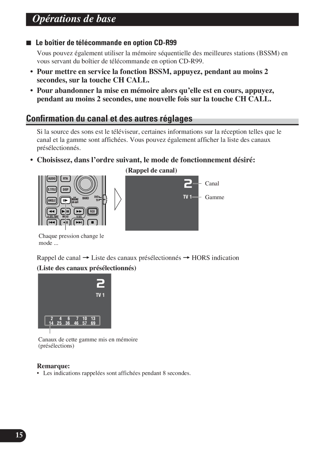 Pioneer GEX-P6400TV Confirmation du canal et des autres réglages, Le boîtier de télécommande en option CD-R99 