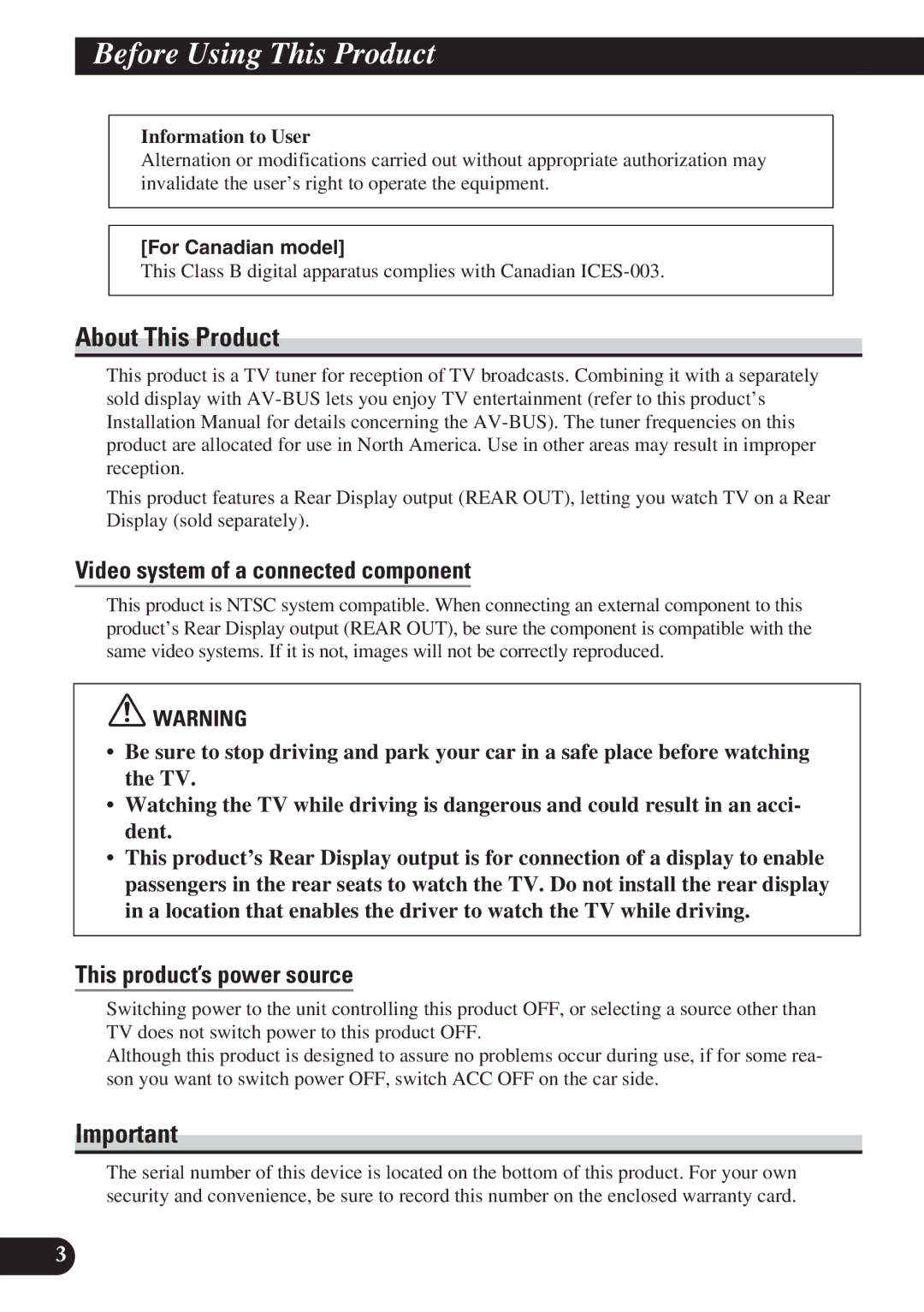 Pioneer GEX-P6400TV operation manual Before Using This Product, About This Product, Video system of a connected component 