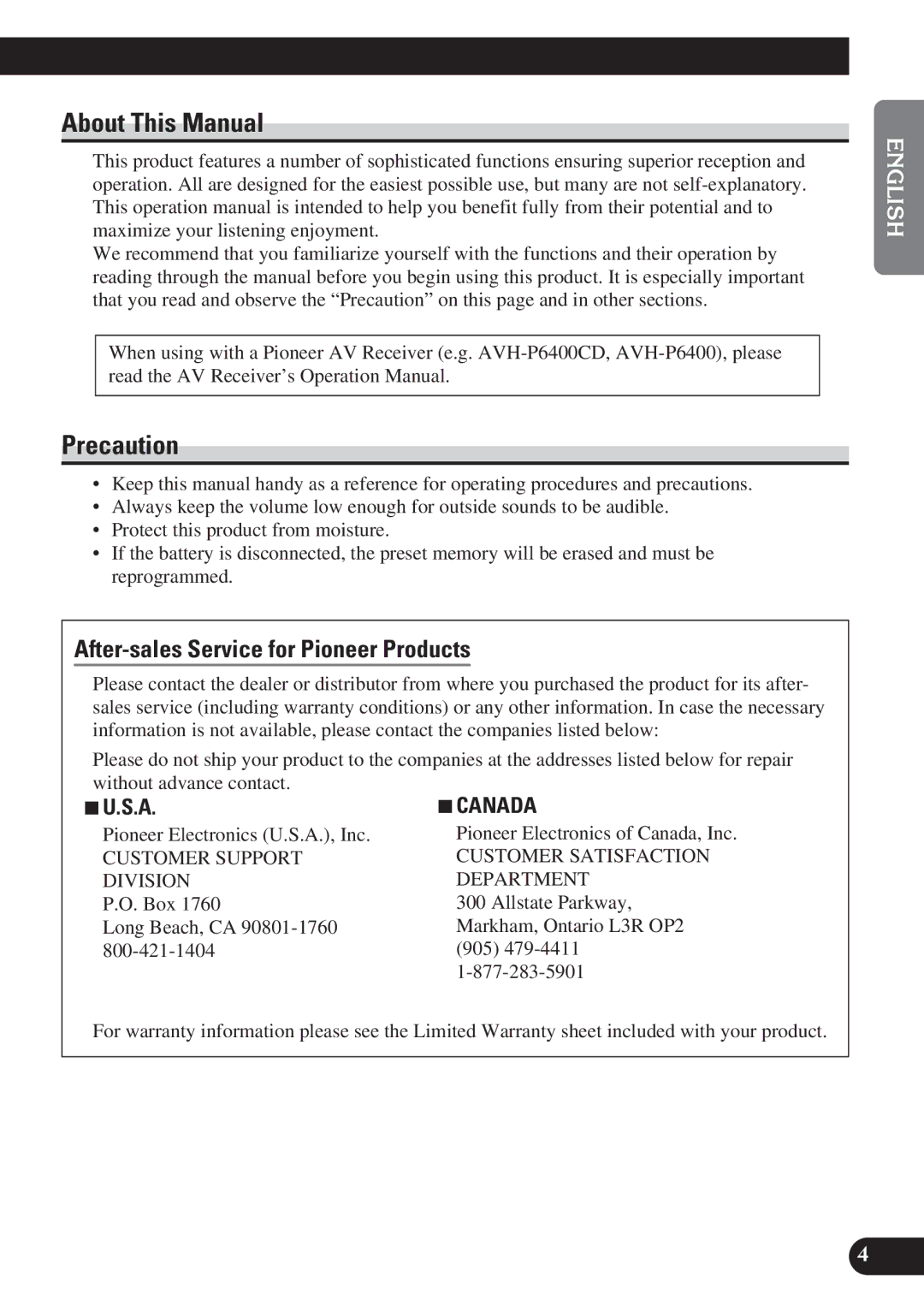 Pioneer GEX-P6400TV operation manual About This Manual, Precaution, After-sales Service for Pioneer Products, 7U.S.A 