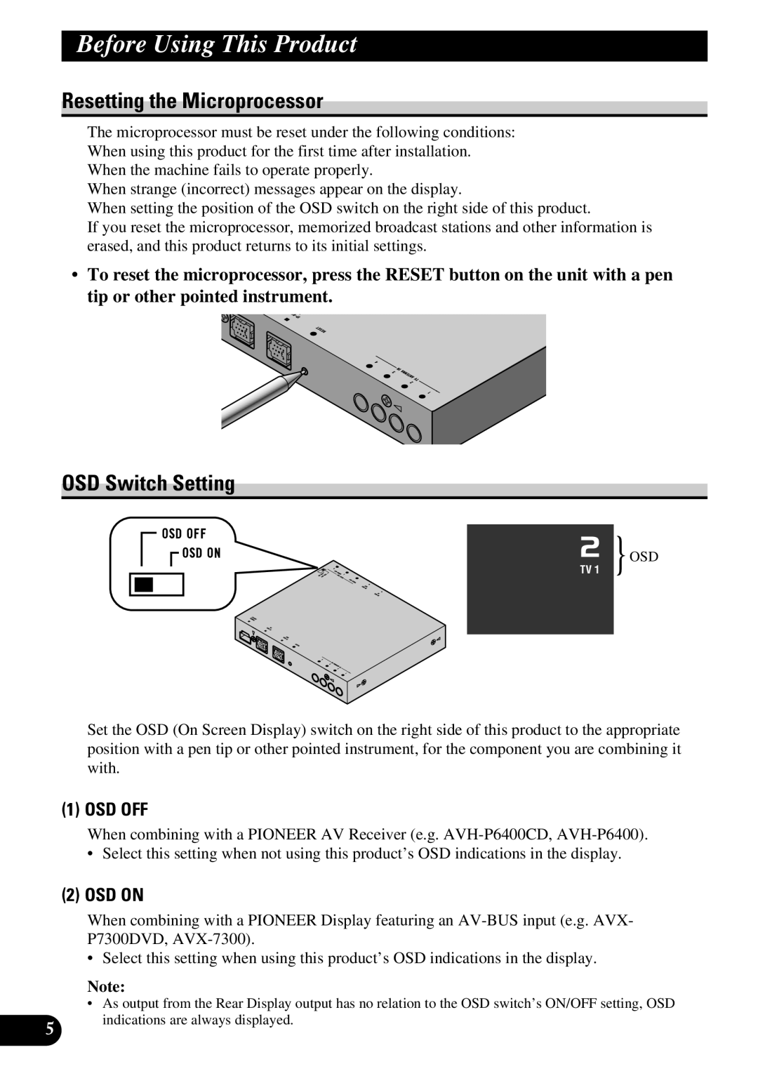 Pioneer GEX-P6400TV operation manual Resetting the Microprocessor, OSD Switch Setting, OSD on 