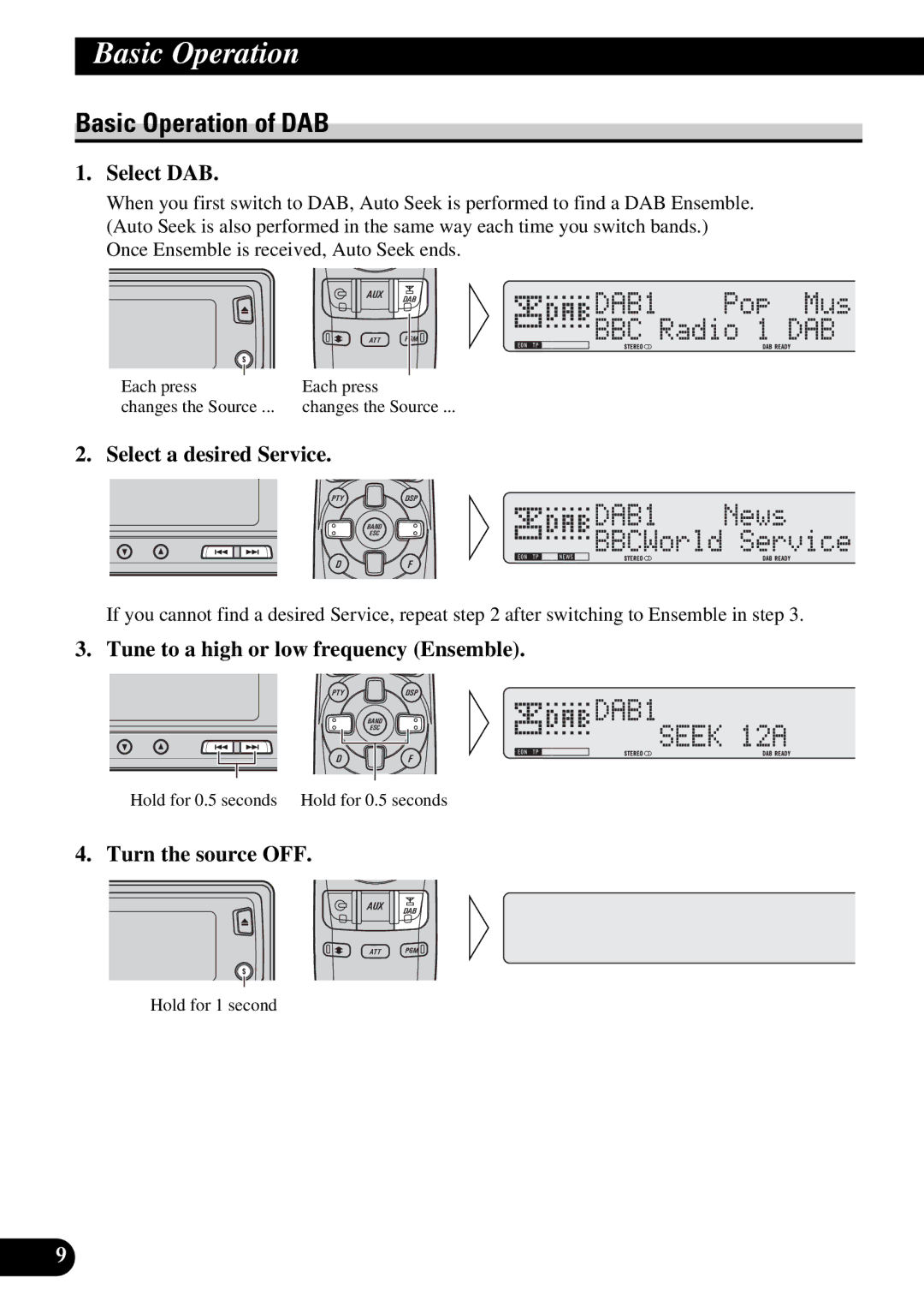 Pioneer GEX-P900DAB Basic Operation of DAB, Select a desired Service, Tune to a high or low frequency Ensemble 