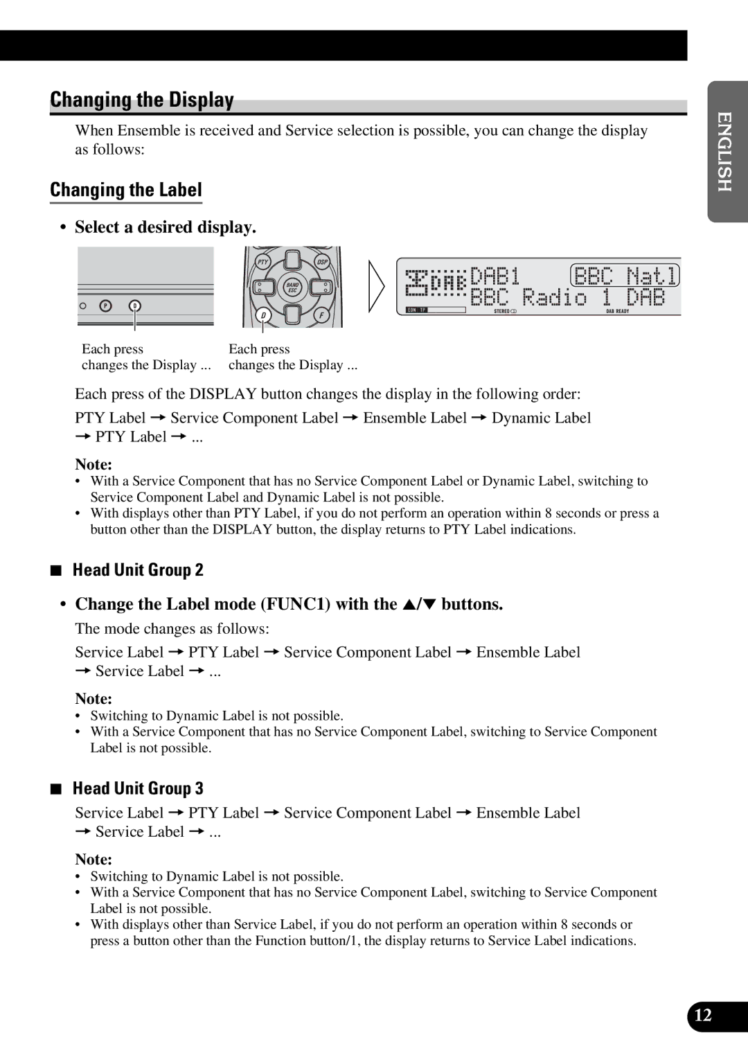 Pioneer GEX-P900DAB operation manual Changing the Display, Changing the Label, Select a desired display, Head Unit Group 