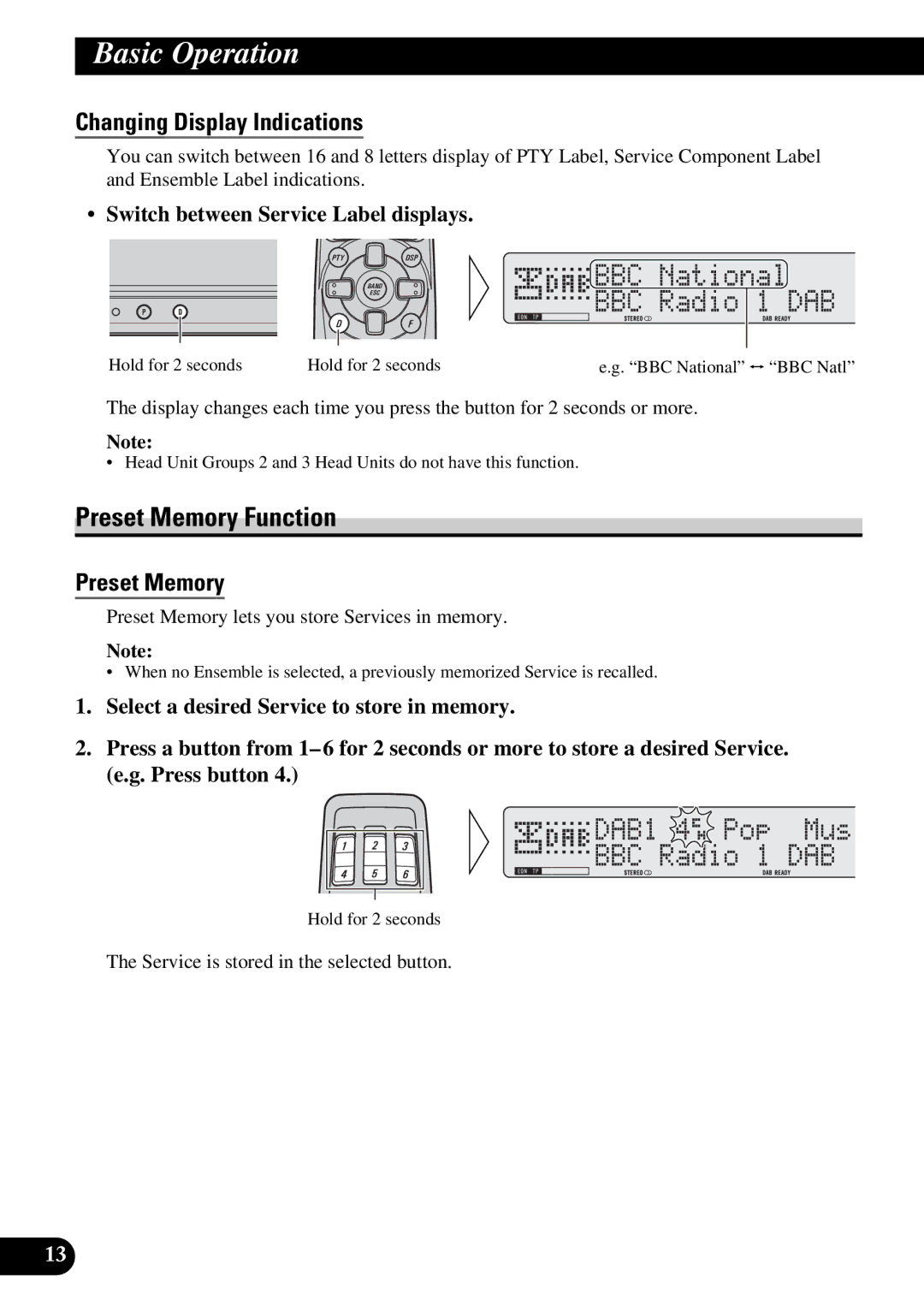 Pioneer GEX-P900DAB Preset Memory Function, Changing Display Indications, Switch between Service Label displays 