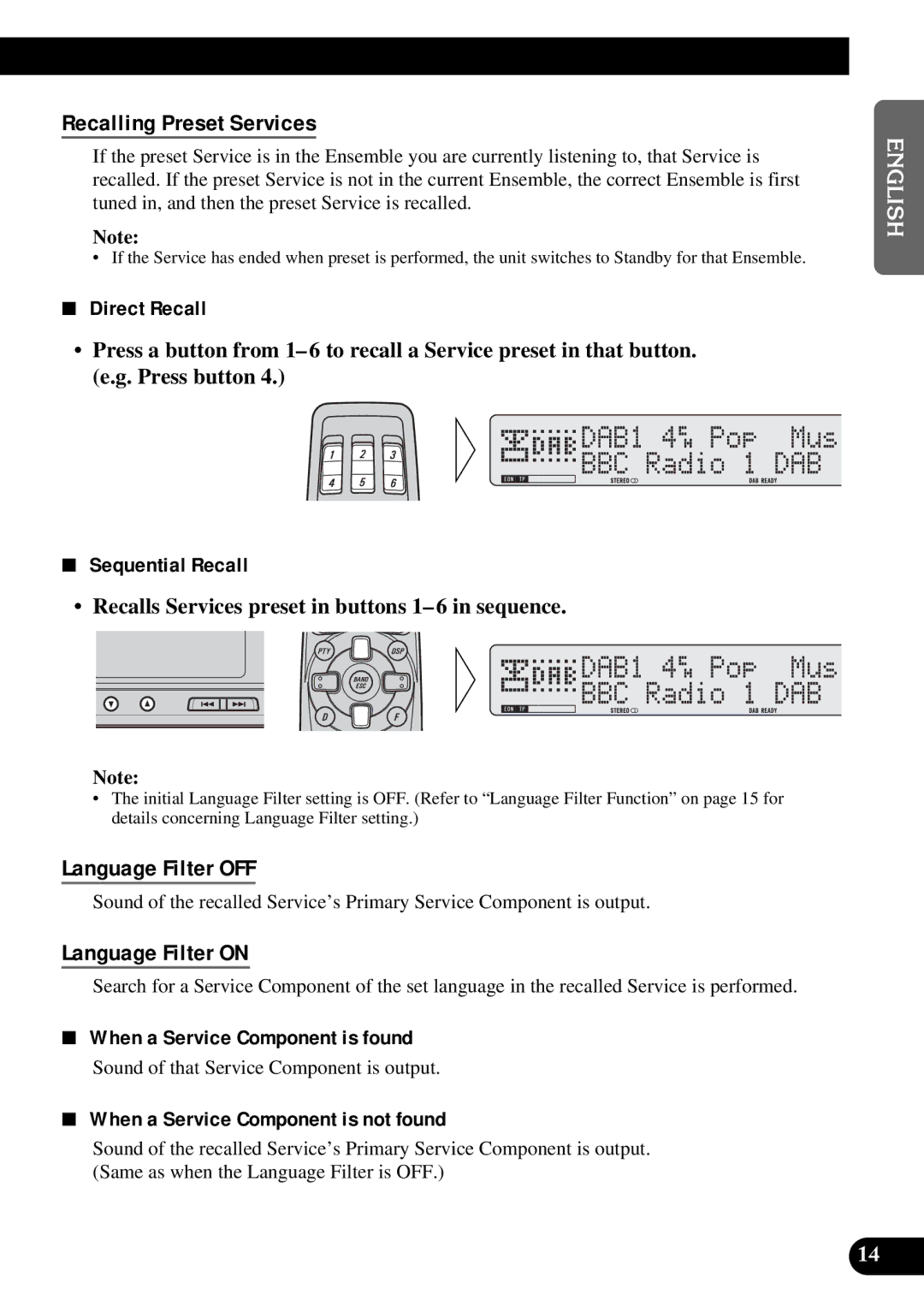 Pioneer GEX-P900DAB operation manual Recalling Preset Services, Direct Recall, Sequential Recall 