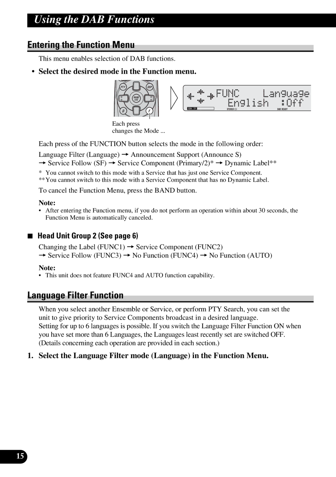 Pioneer GEX-P900DAB Using the DAB Functions, Entering the Function Menu, Language Filter Function, Head Unit Group 2 See 