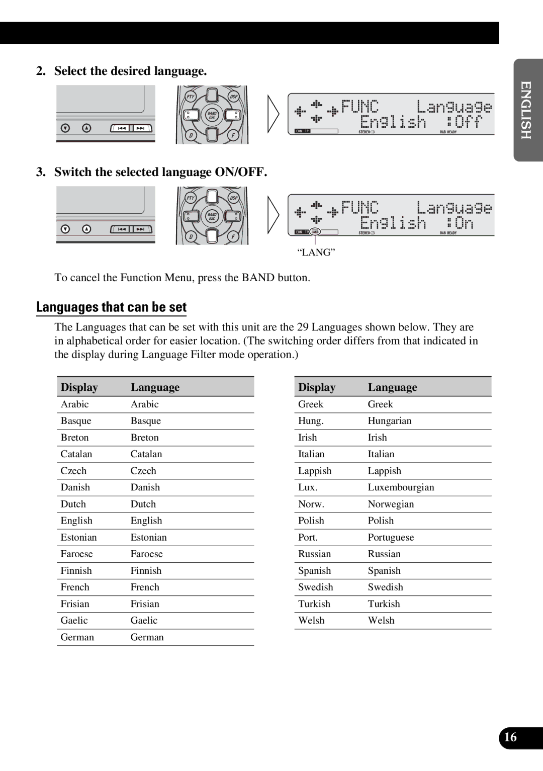 Pioneer GEX-P900DAB operation manual Languages that can be set, Display Language 