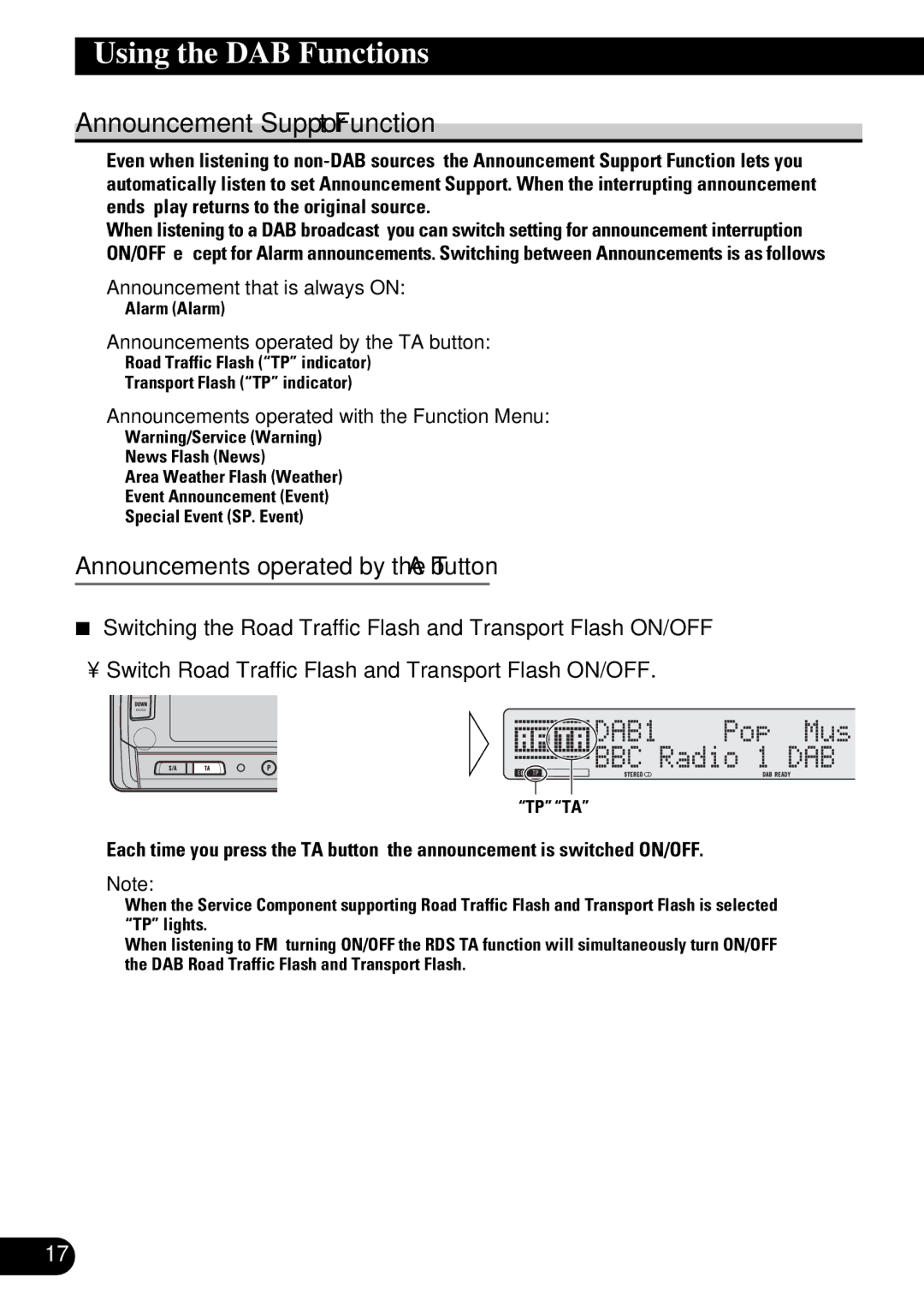 Pioneer GEX-P900DAB operation manual Announcement Support Function, Announcements operated by the TA button 