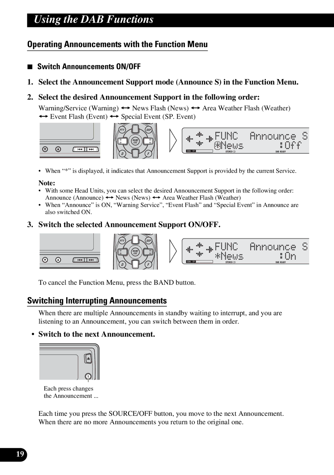 Pioneer GEX-P900DAB operation manual Operating Announcements with the Function Menu, Switching Interrupting Announcements 